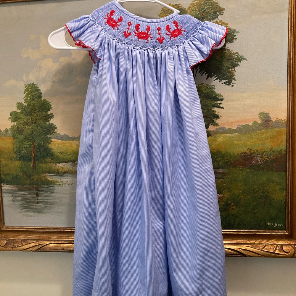 Blue Smocked Dress with Red Embroidery